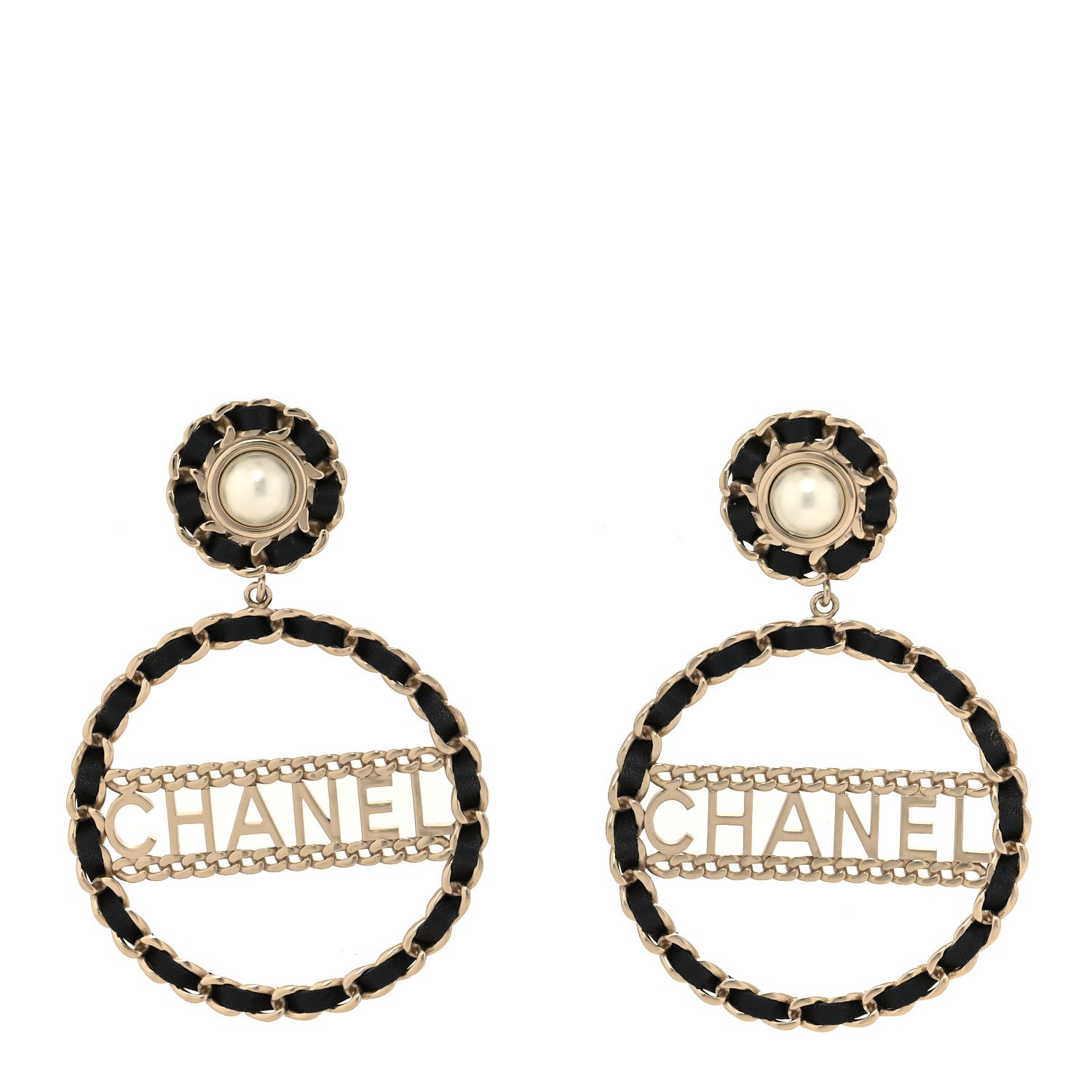 Chanel Pearl Lambskin Chain Logo Hoop Clip On Earrings Black Gold 1 of 5