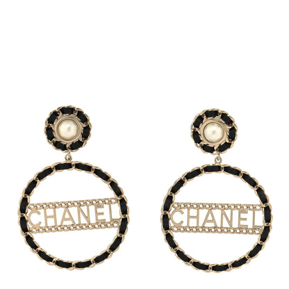 Chanel Pearl Lambskin Chain Logo Hoop Clip On Earrings Black Gold 1 of 5