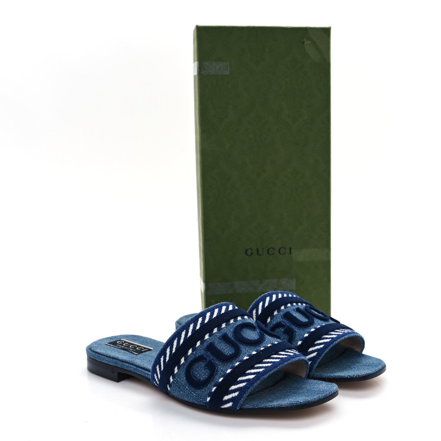 Gucci New Denim Logo Embroidered Slide Sandal 38 Light Blue 10 of 10