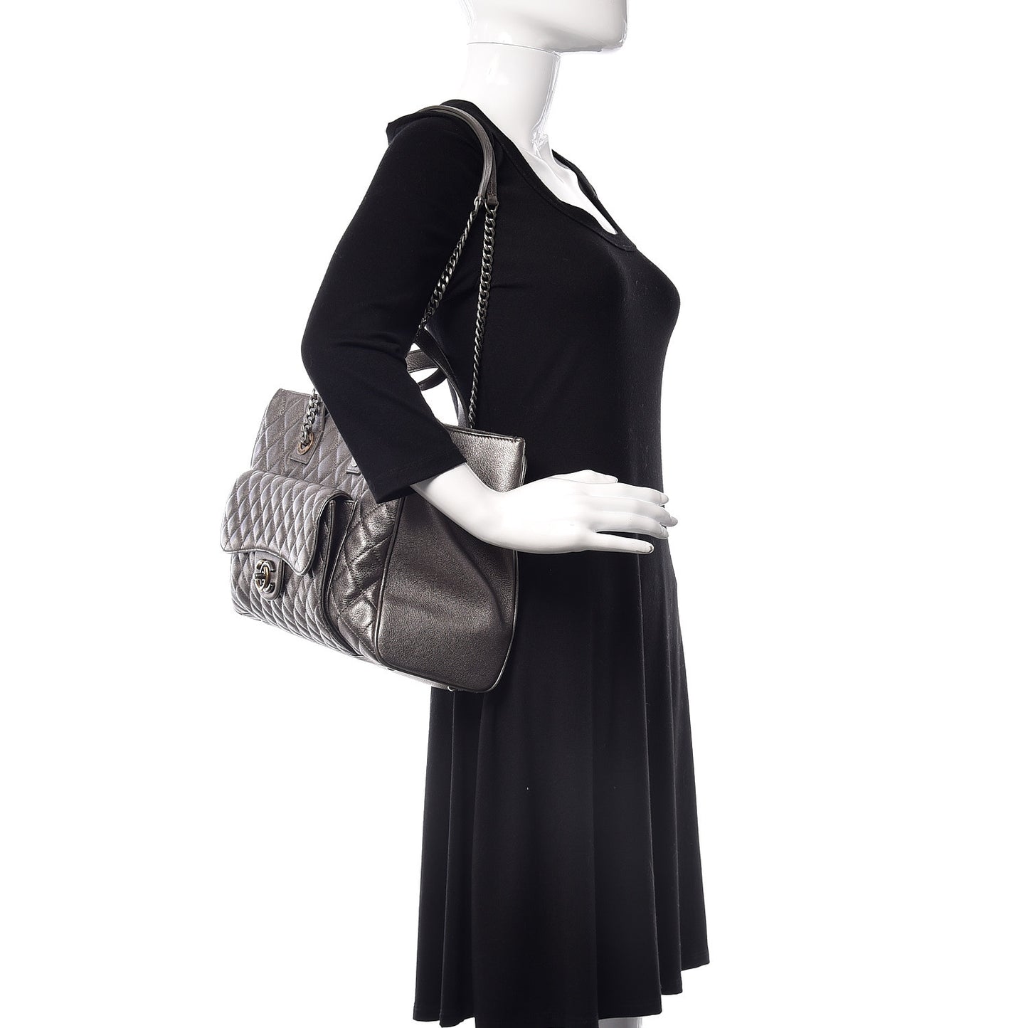 Metallic Grained Calfskin Quilted Large Casual Pocket Tote Silver