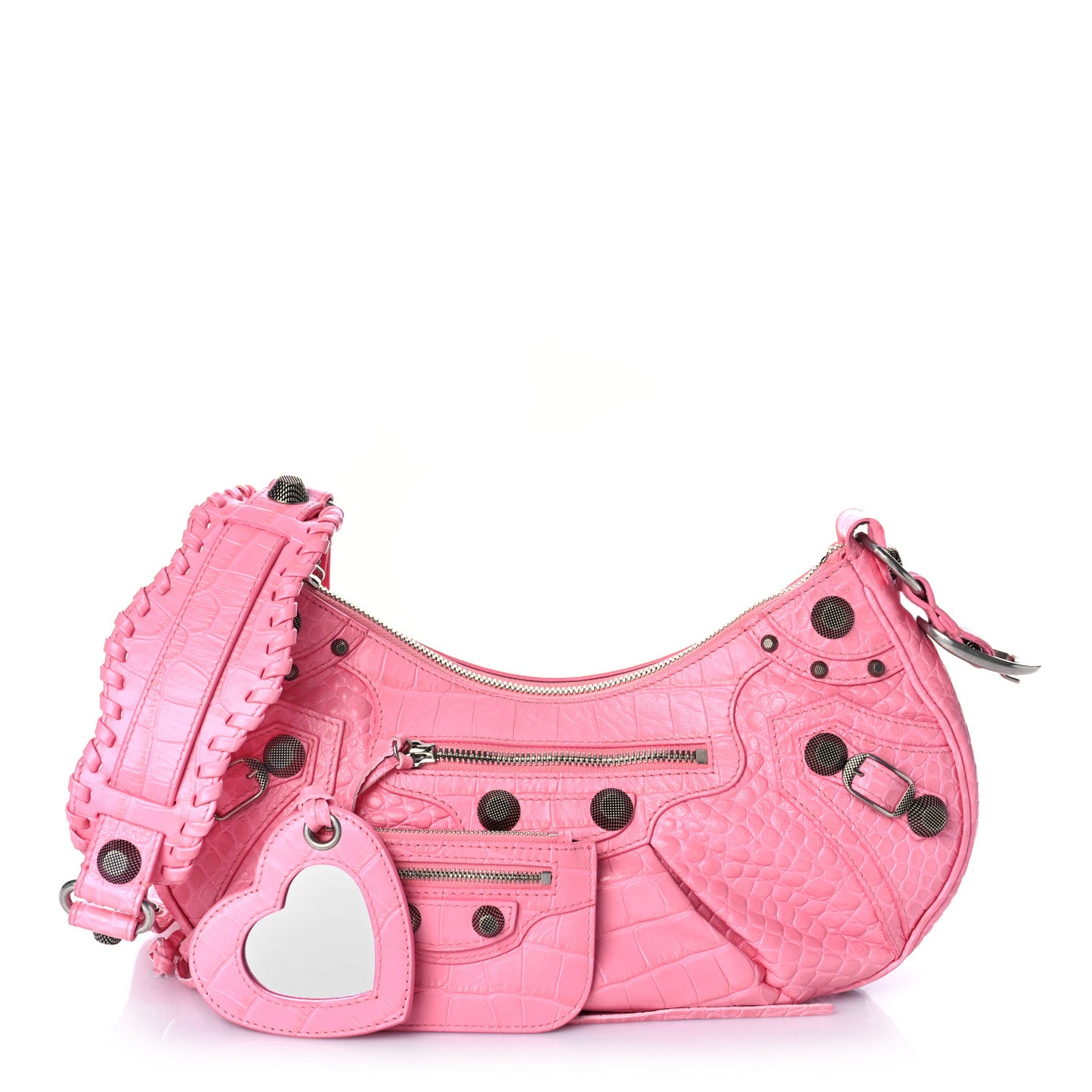 Extra Supple Calfskin Crocodile Embossed Small Le Cagole Shoulder Bag Sweet Pink