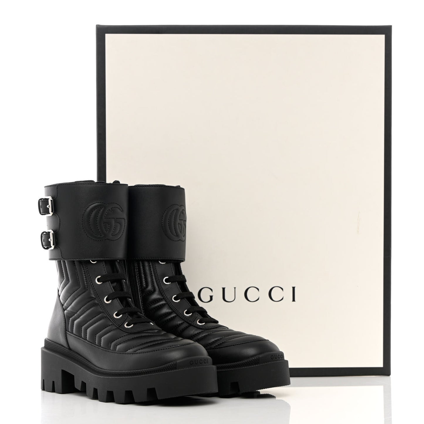 Nappa Frances GG Matelasse Platform Combat Boots 35 Black