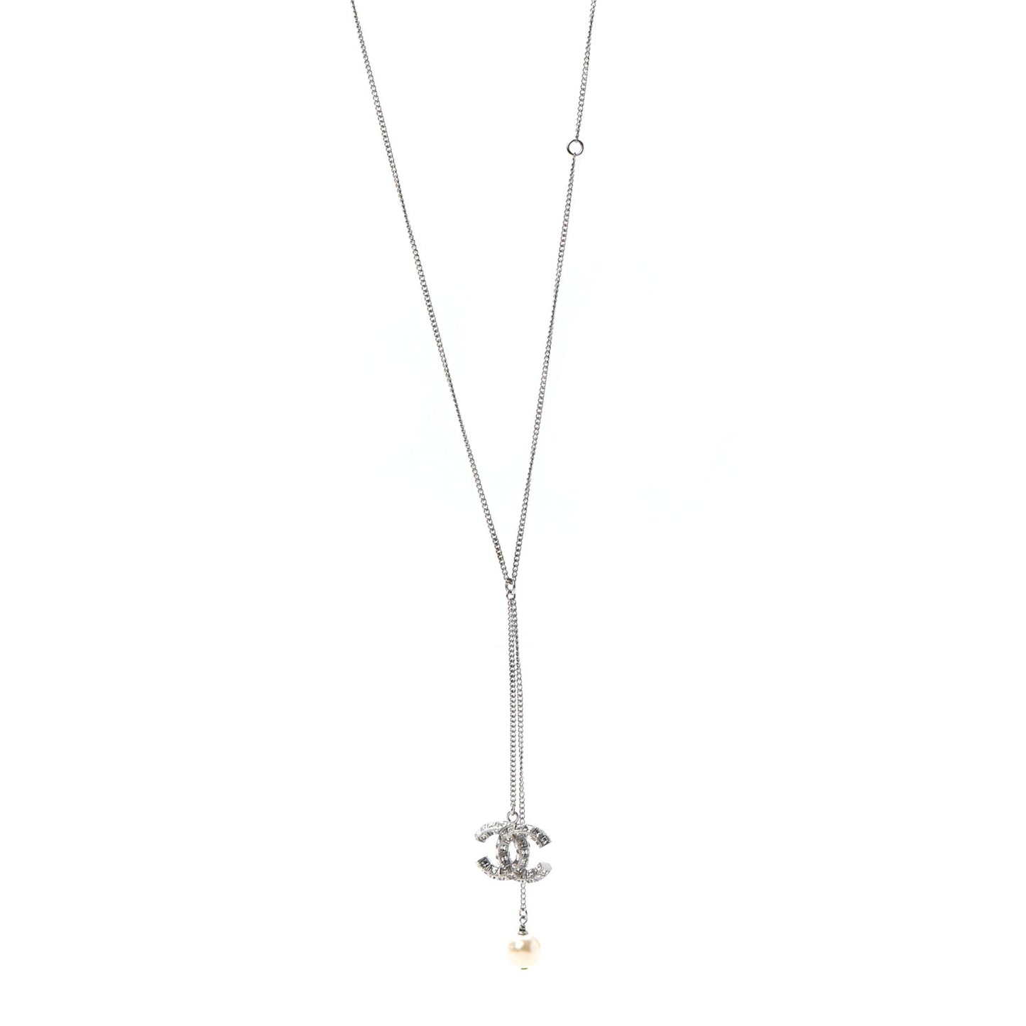 Baguette Crystal Pearl CC Lariat Necklace Silver