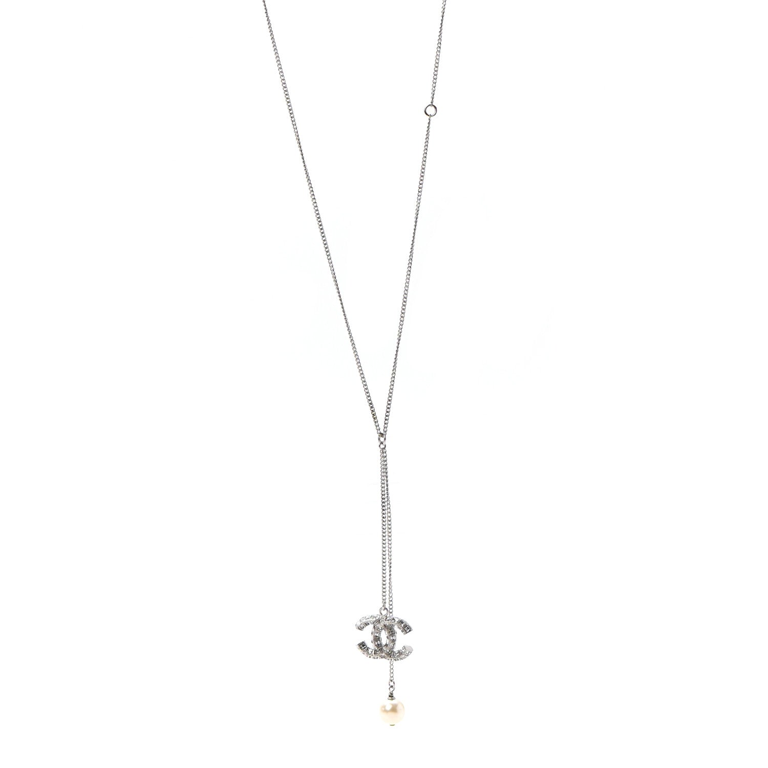 Chanel Baguette Crystal Pearl CC Lariat Necklace Silver 1 of 5