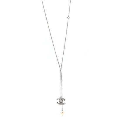 Chanel Baguette Crystal Pearl CC Lariat Necklace Silver 1 of 5
