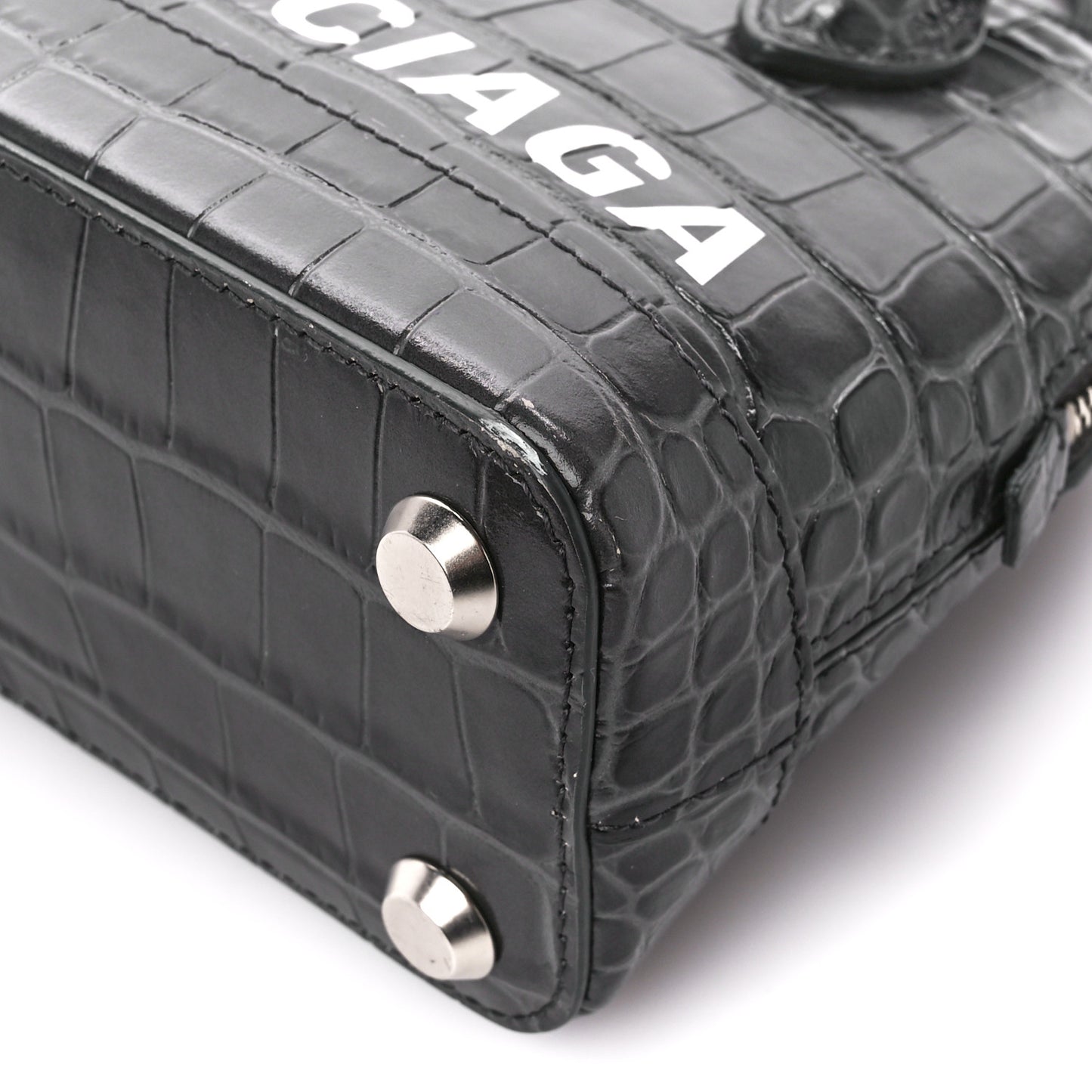 Shiny Calfskin Logo Crocodile Embossed XXS Ville Top Handle Bag Gray