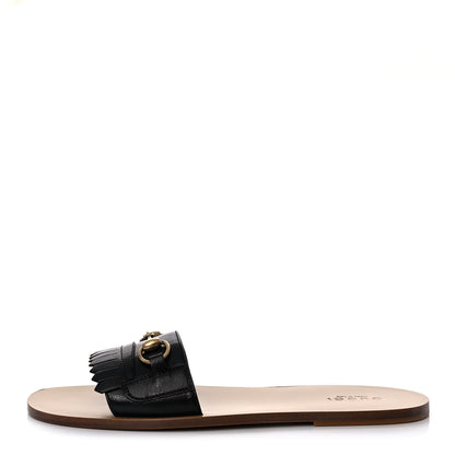 Gucci Goatskin Fringe Mens Horsebit Slide Sandals 10 Black 1 of 9