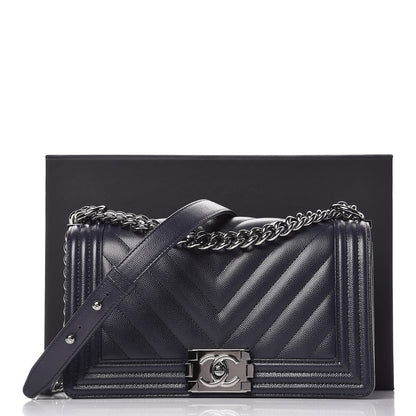 Chanel Caviar Chevron Quilted Medium Boy Flap Navy 10 of 10