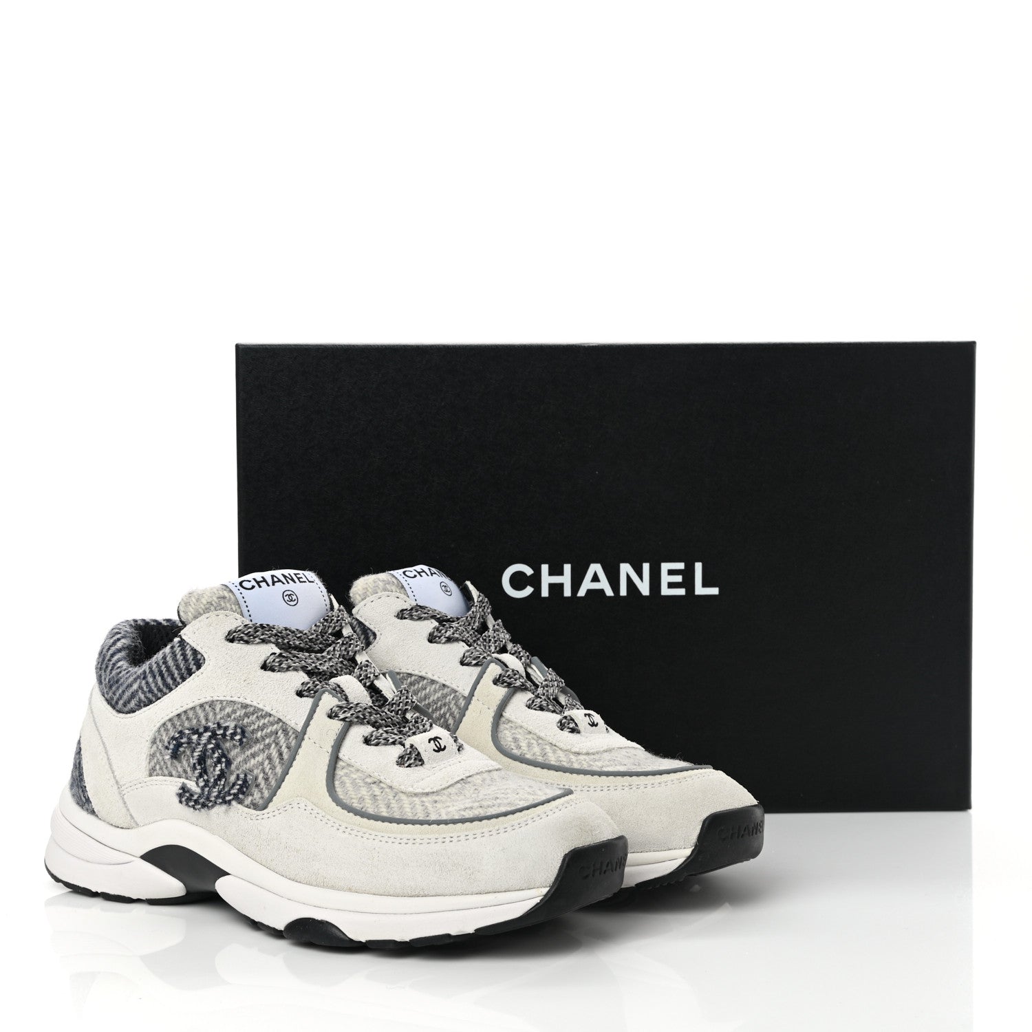 Chanel Fabric Suede Calfskin Womens CC Sneakers 36.5 Ivory Light Gray White 9 of 9