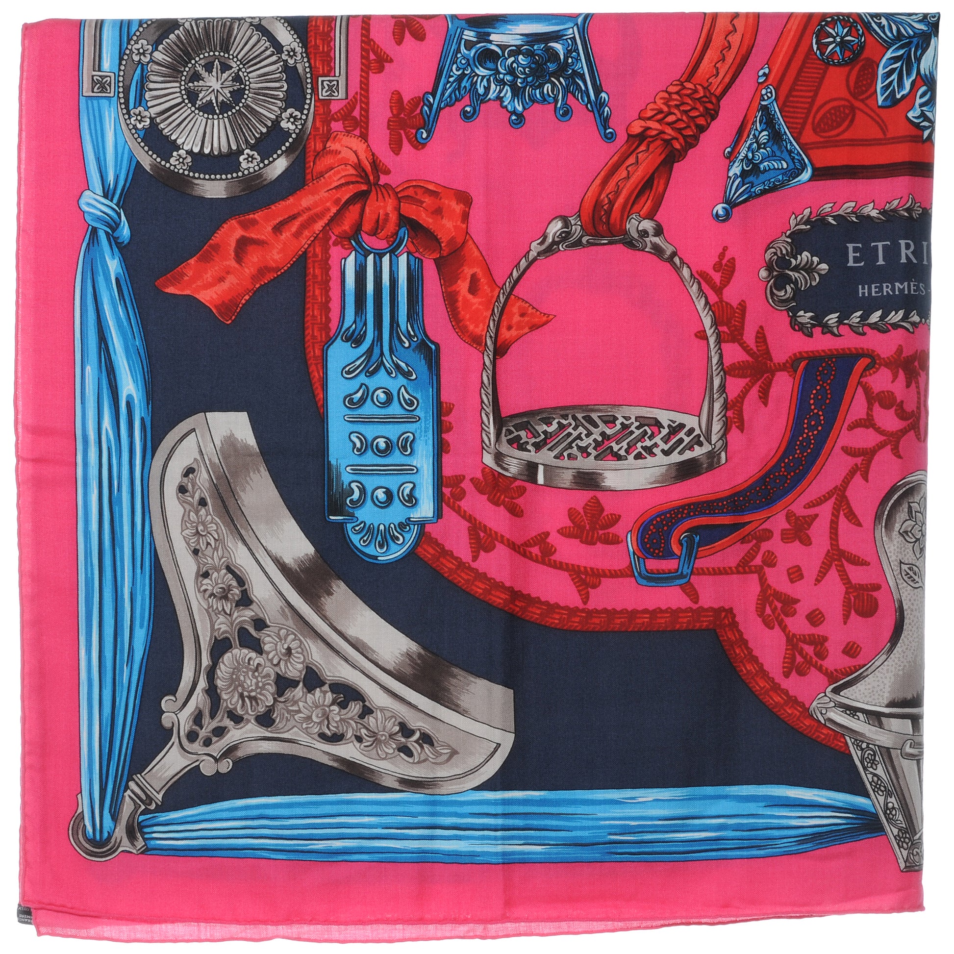 Hermes Cashmere Silk Etriers Shawl GM 140 Rose Indien 4 of 9