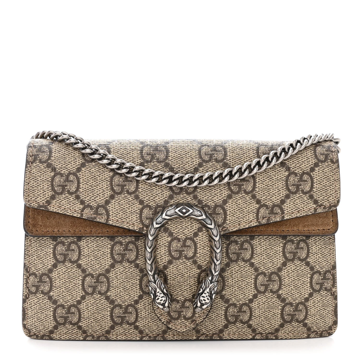 GUCCI GG Supreme Monogram Super Mini Dionysus Shoulder Bag in the color Taupe by FASHIONPHILE