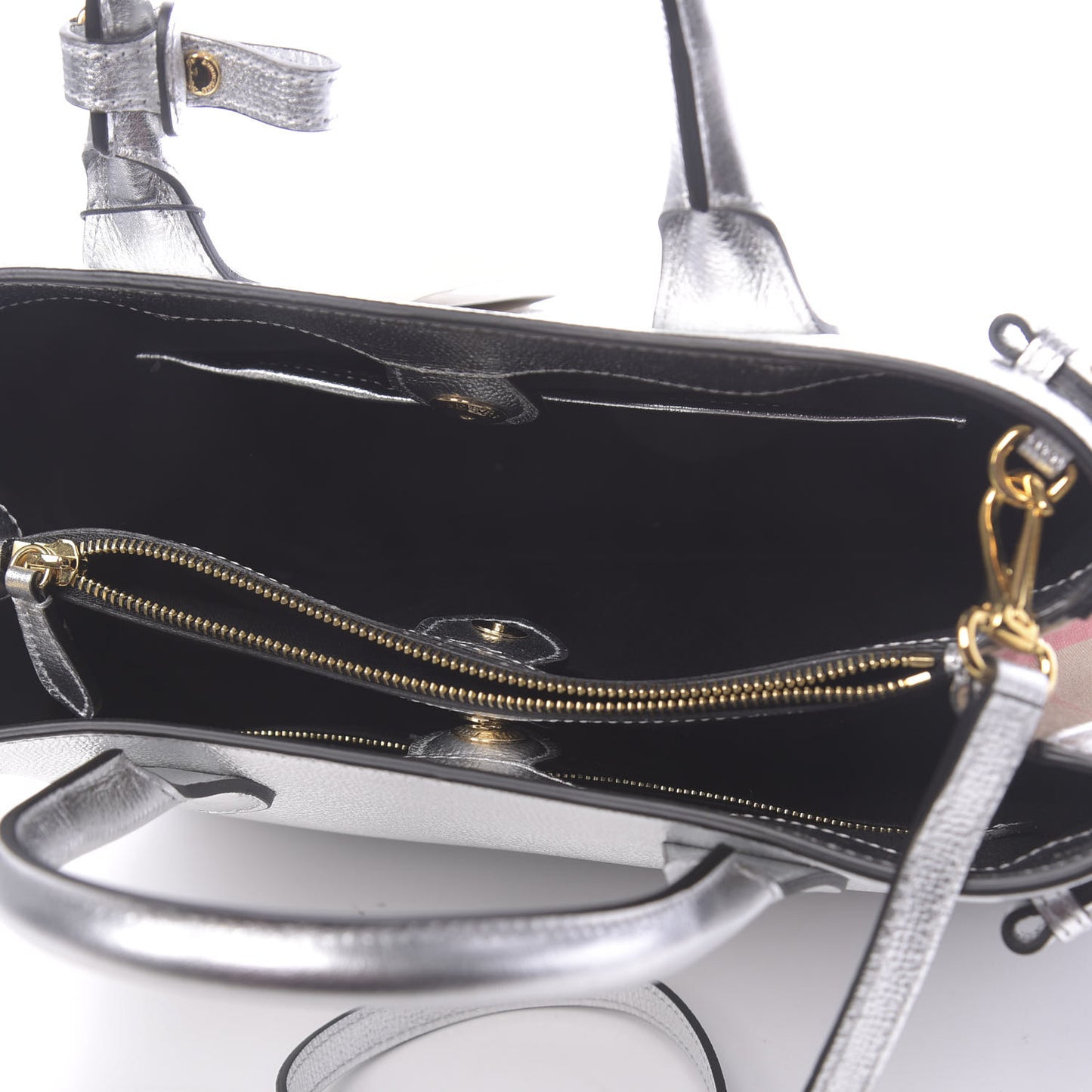 Metallic Grainy Calfskin House Check Medium Banner Tote Silver