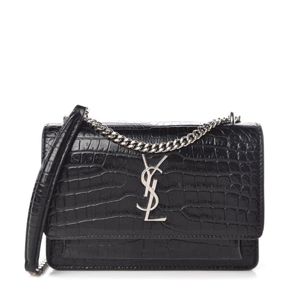 Saint Laurent Calfskin Crocodile Embossed Monogram Sunset Chain Wallet Black 1 of 12
