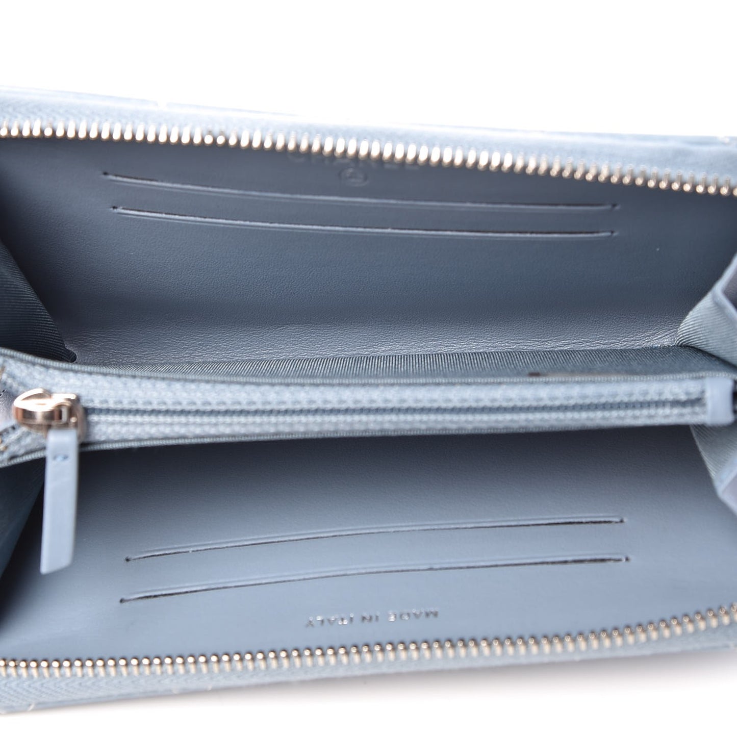 Faded Patent Calfskin Quilted Small Zip Around Wallet Blue