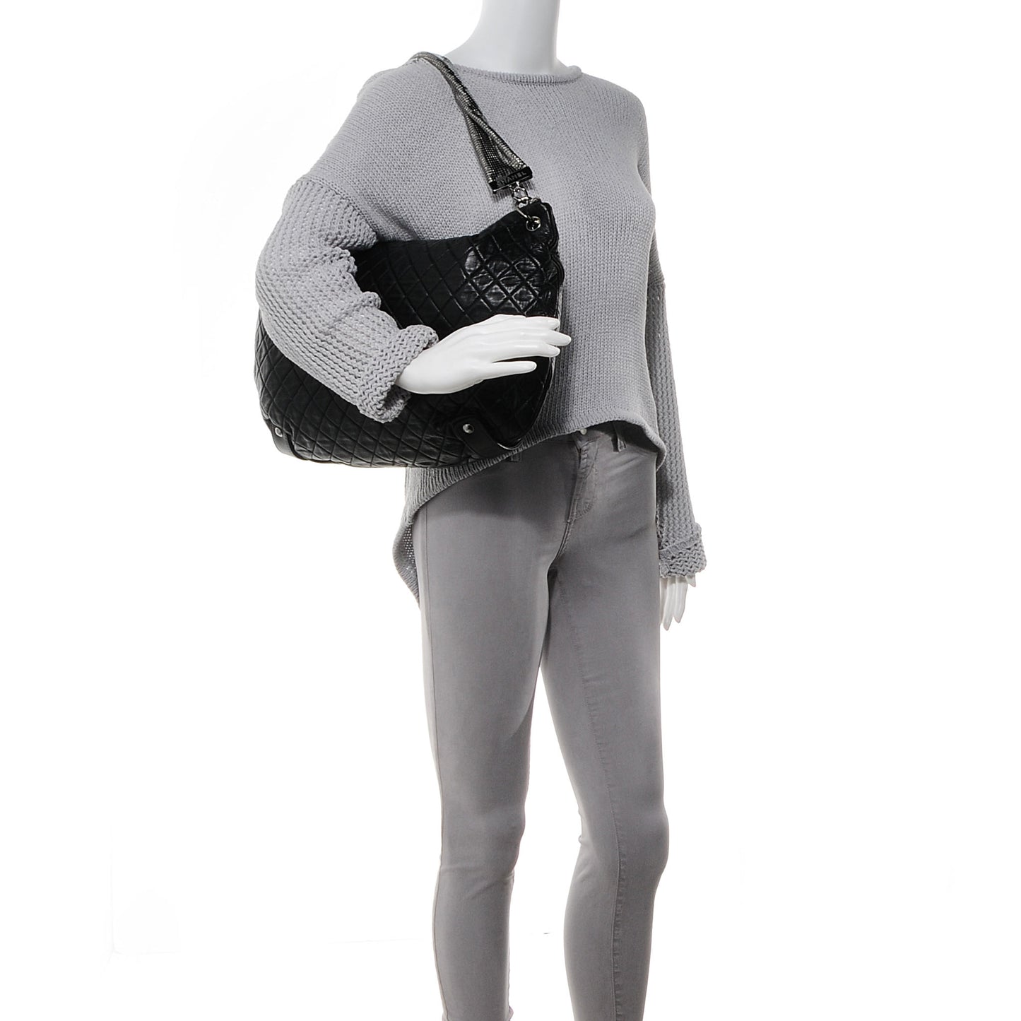 Lambskin Large Chain Mail Hobo Black
