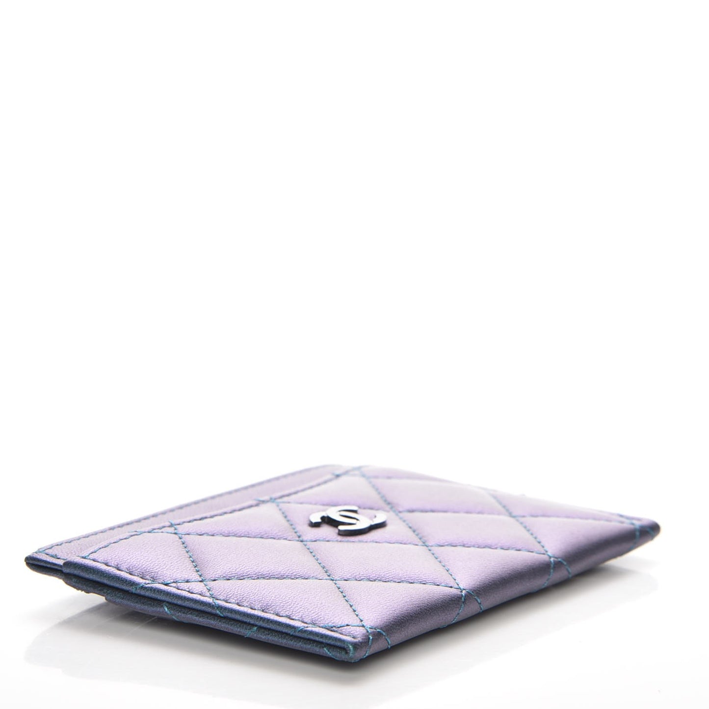 Metallic Lambskin Quilted Card Holder Turquoise