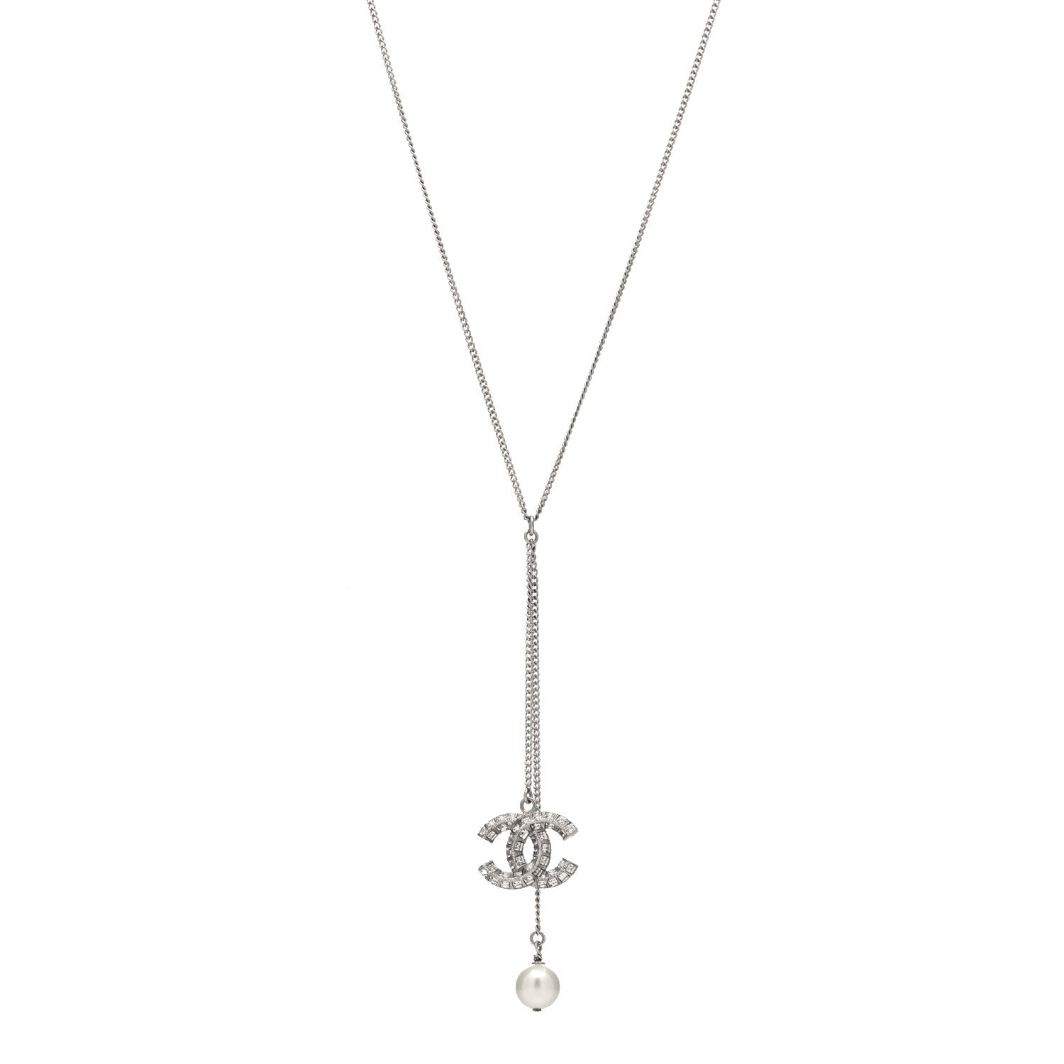 Chanel Baguette Crystal Pearl CC Lariat Necklace Silver 1 of 5