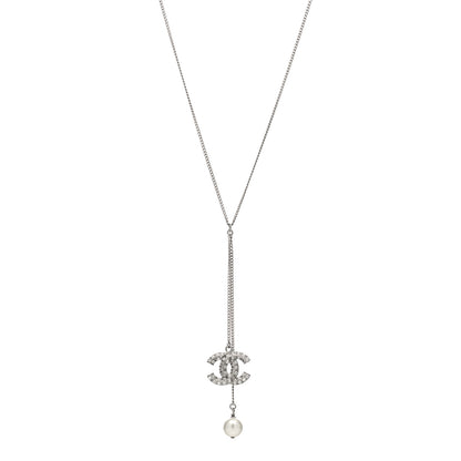 Chanel Baguette Crystal Pearl CC Lariat Necklace Silver 1 of 5