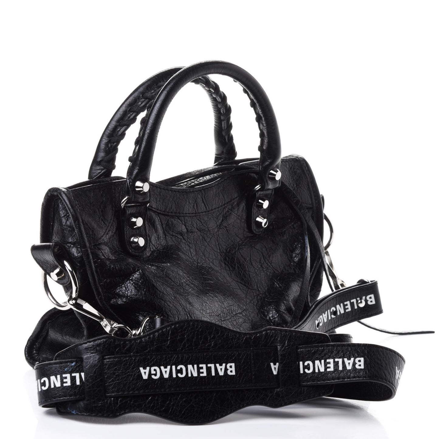 Agneau Classic Silver Hardware Mini City Logo Strap Black White