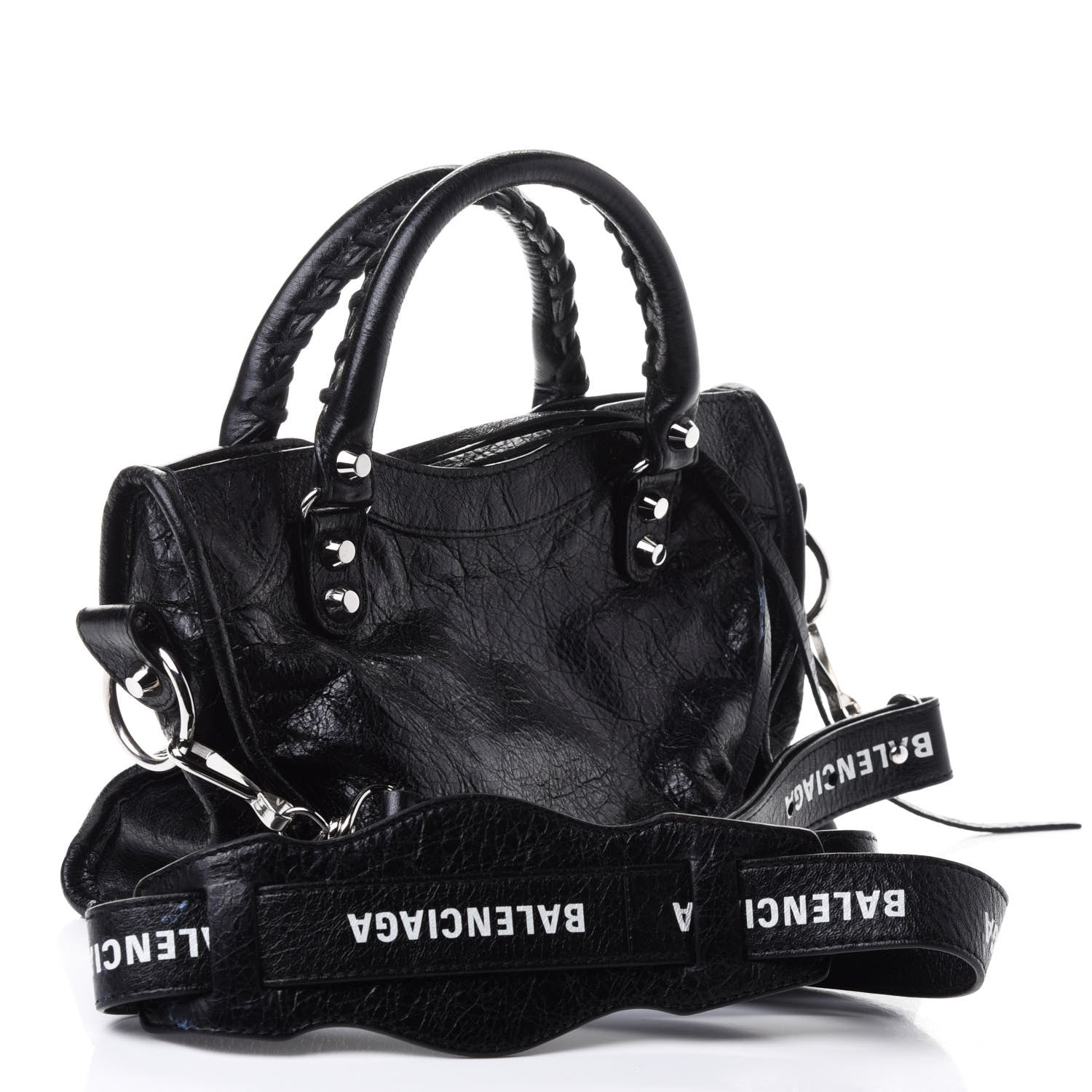 Balenciaga Agneau Classic Silver Hardware Mini City Logo Strap Black White 2 of 4