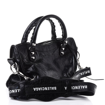 Balenciaga Agneau Classic Silver Hardware Mini City Logo Strap Black White 2 of 4