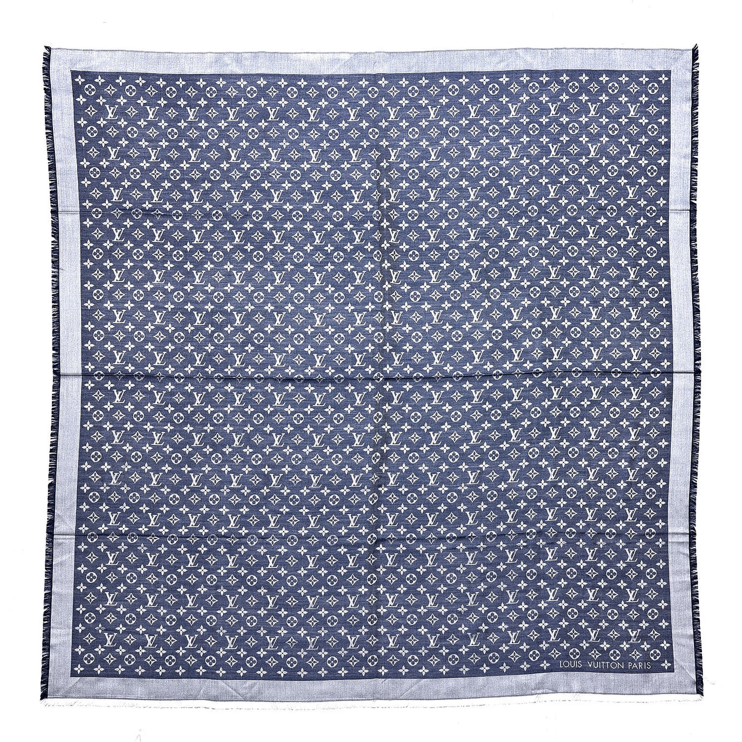 Wool Silk Monogram Denim Shawl Blue