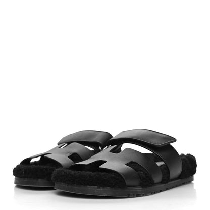 Hermes Calfskin Woolskin Womens Chypre Sandals 36 Black 3 of 9