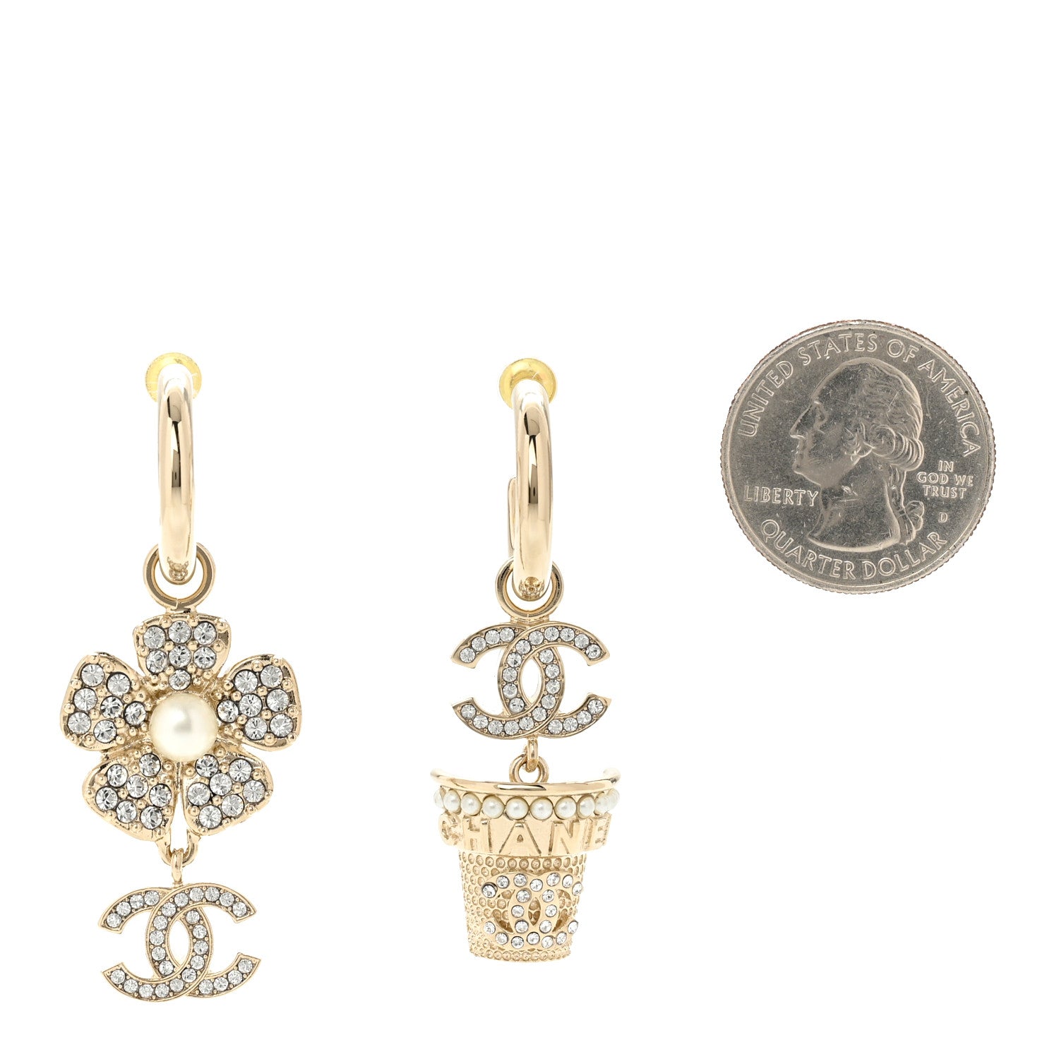 Chanel Crystal Pearl CC Logo Flower Dangle Earrings Gold 2 of 5