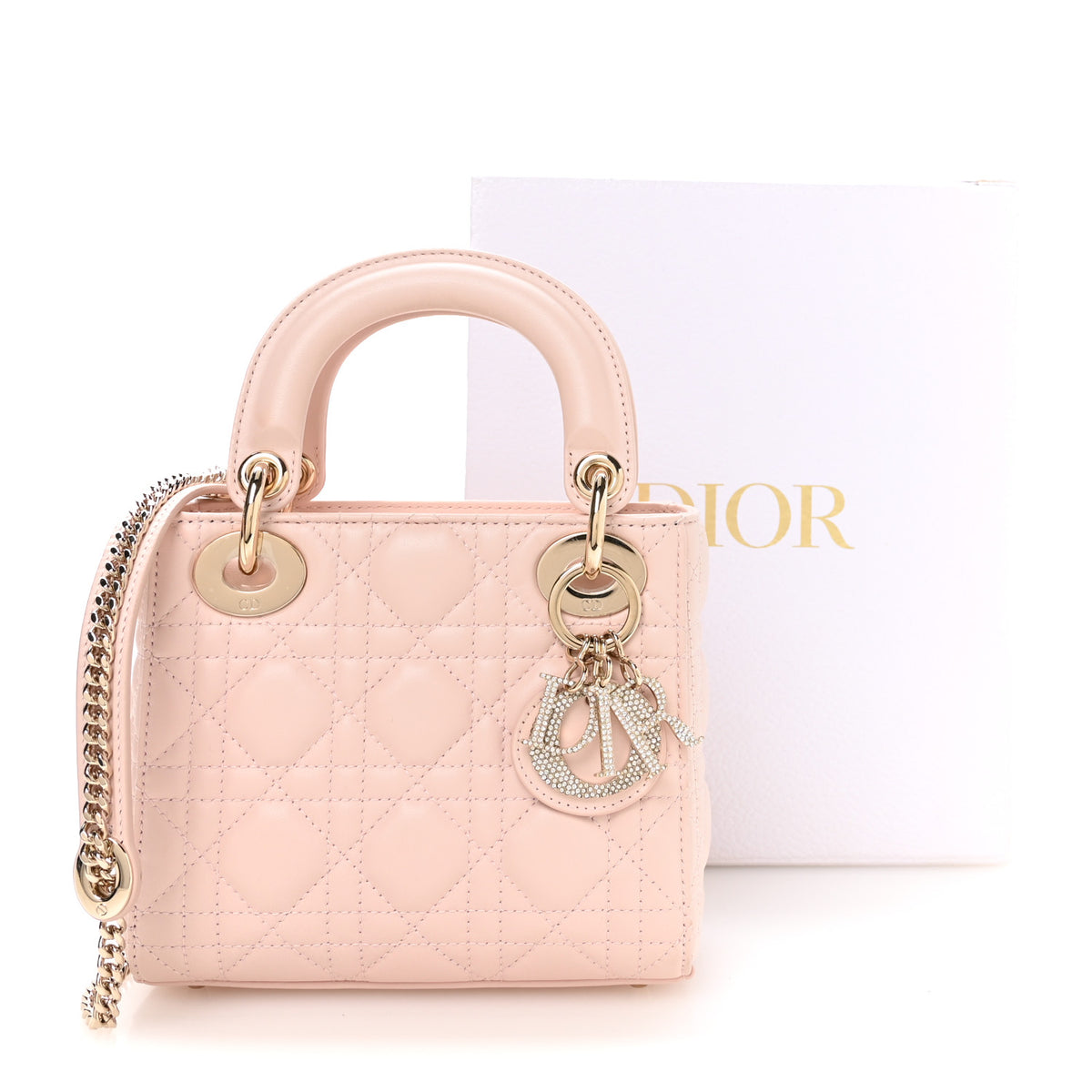 Lambskin Cannage Crystal Mini Lady Dior Powder Pink