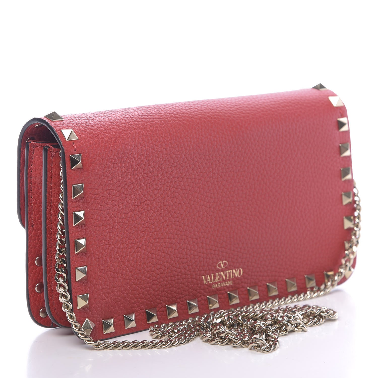 Valentino Garavani Pebbled Calfskin Rockstud Flap Wallet On Chain Rouge Pur 3 of 10