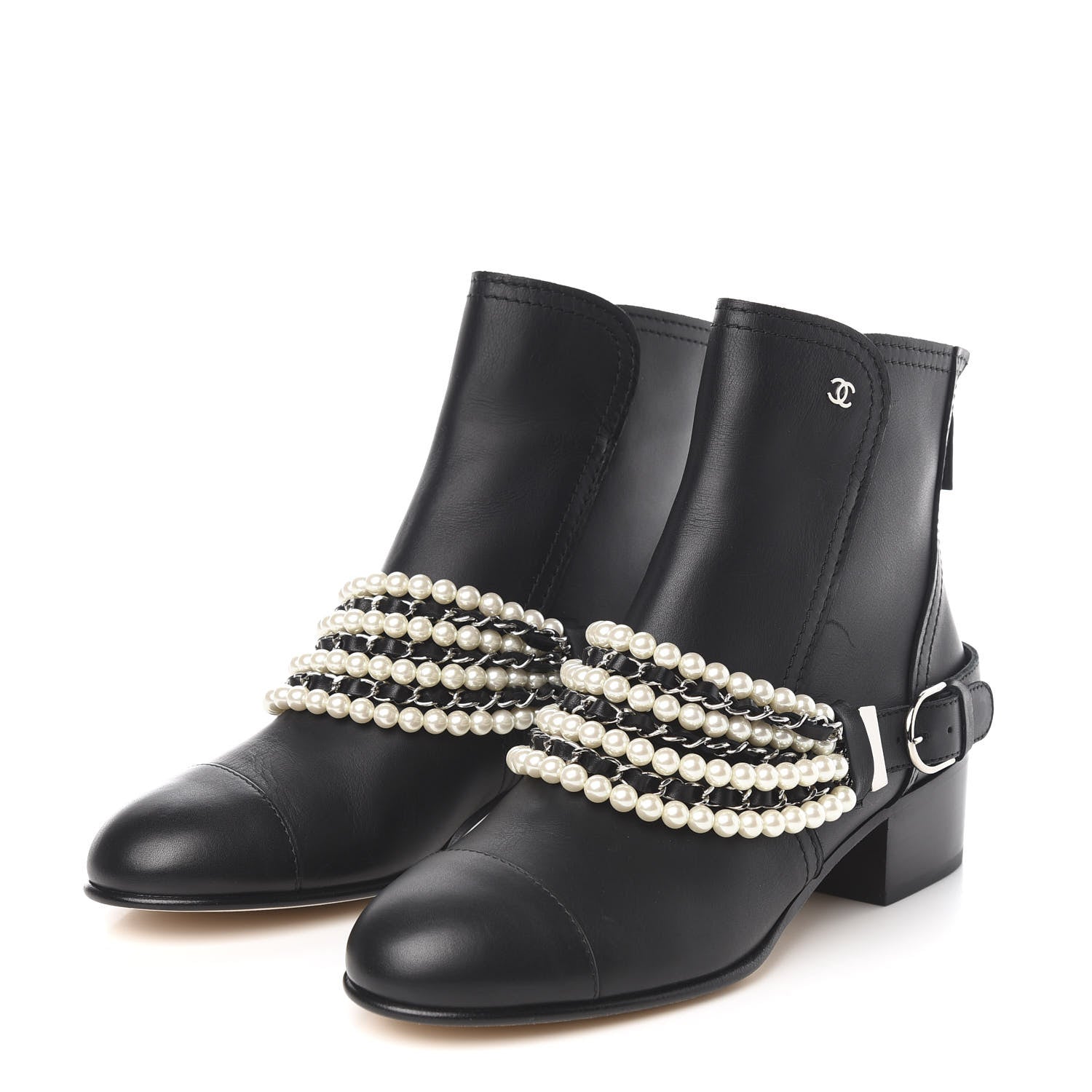 Chanel Calfskin Pearl Cap Toe Short Boots 39.5 Black 3 of 9