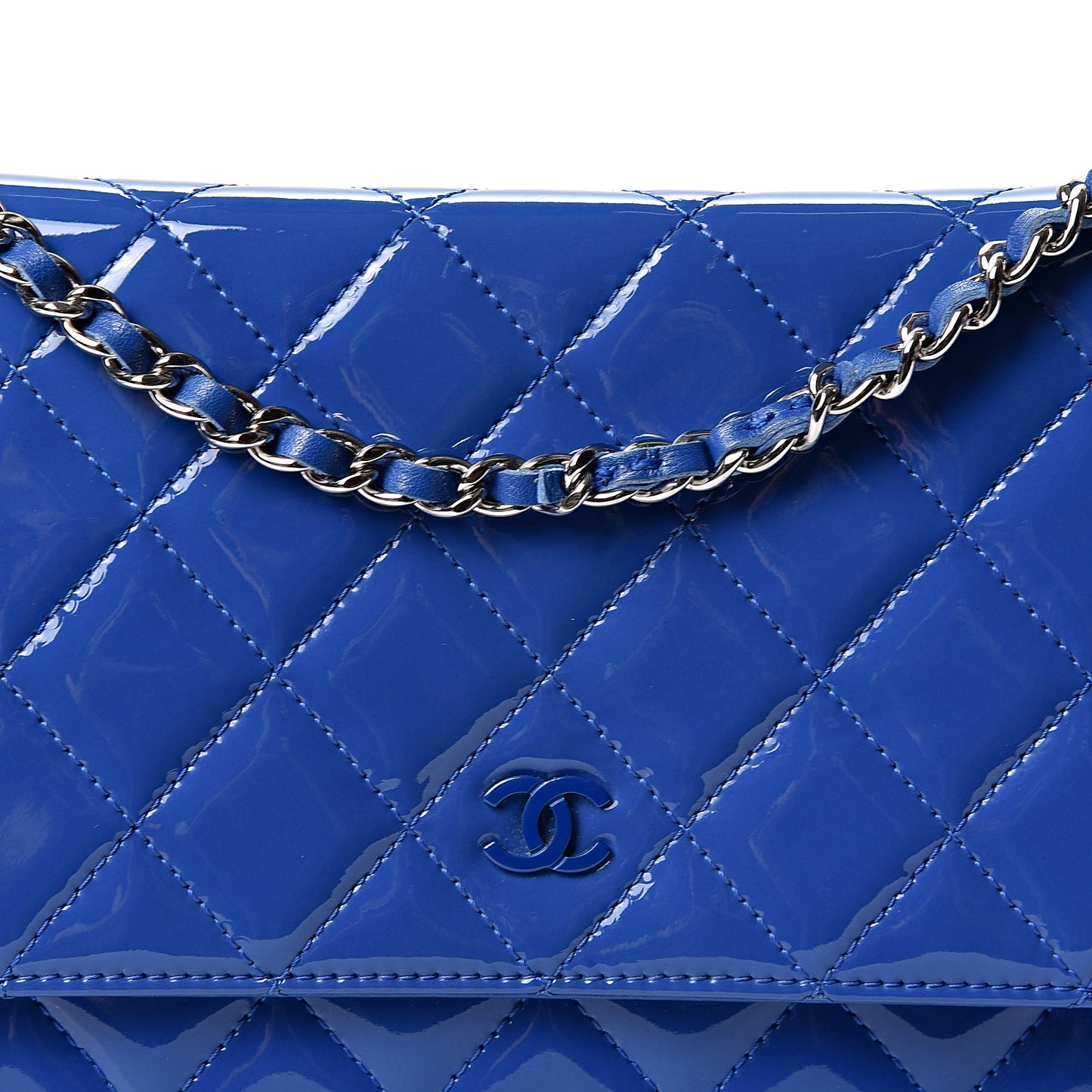 Patent Calfskin Quilted Wallet On Chain WOC Dark Blue