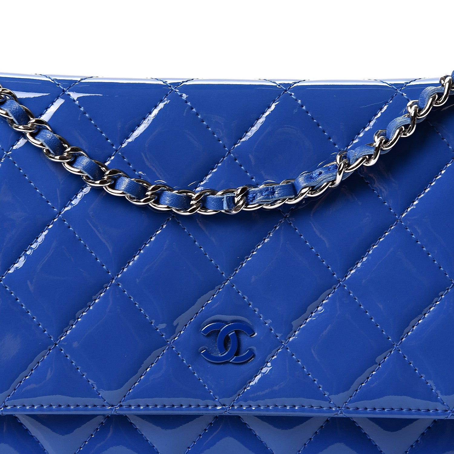Chanel Patent Calfskin Quilted Wallet On Chain WOC Dark Blue 7 of 9