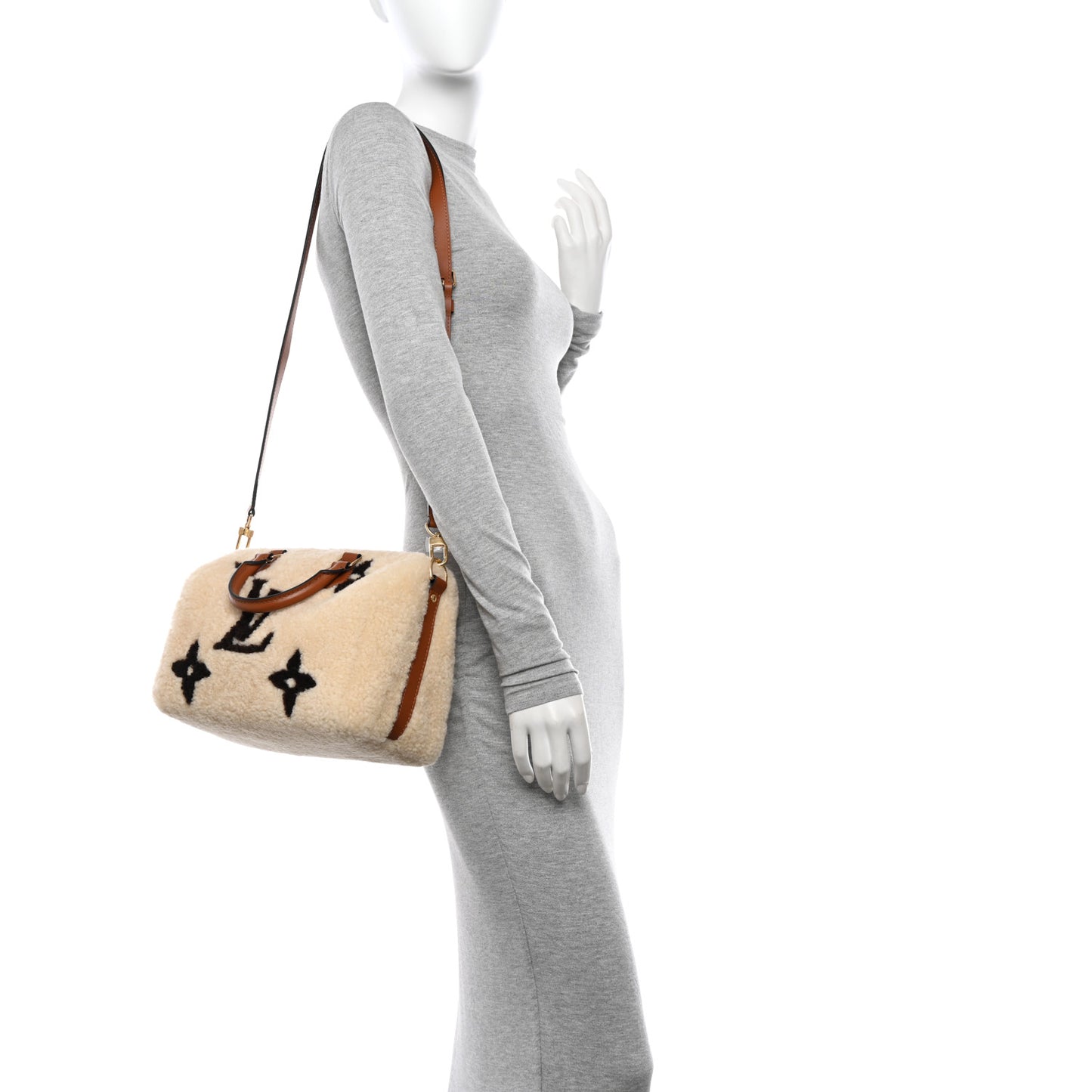 Monogram Shearling Speedy Bandouliere 25 Cream Brown