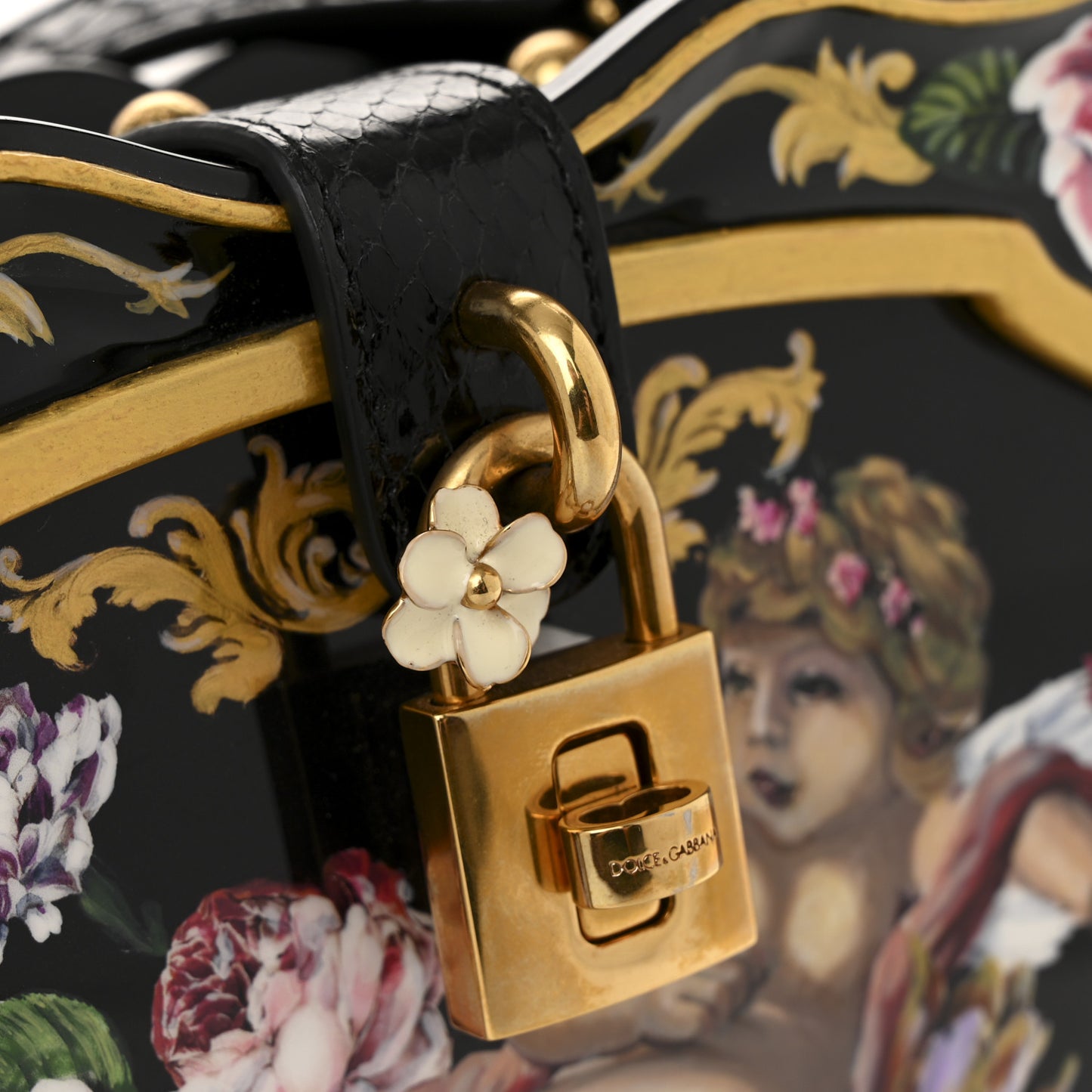 Plexiglass Snakeskin Cherub Box Bag Black Gold