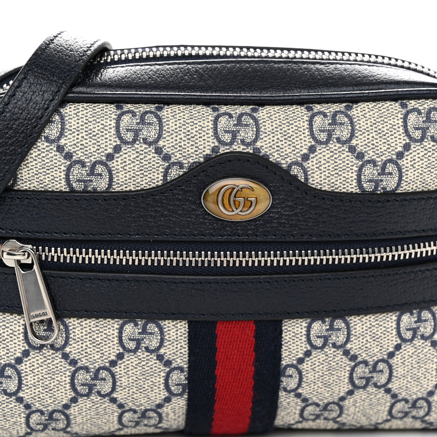 GG Supreme Monogram Textured Dollar Calfskin Web Mini Ophidia Shoulder Bag Beige Blue