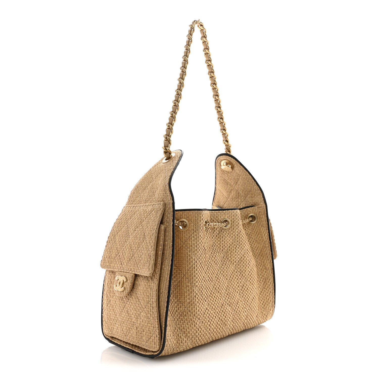 Chanel Braided Raffia Calfskin Quilted Small Chanel 25 Handbag Beige Black 3 of 12