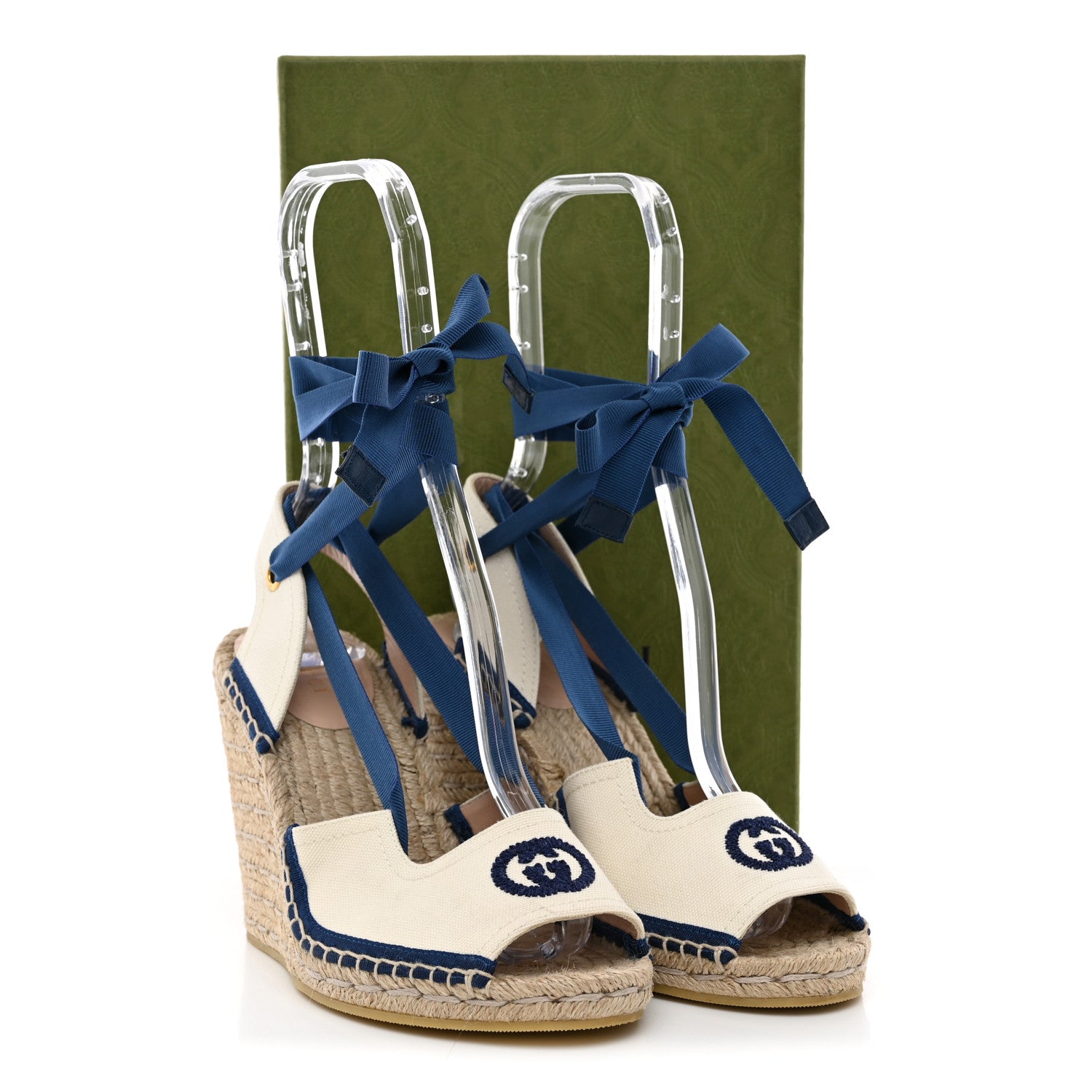 Gucci Canvas GG Ankle Wrap Platform Espadrille Wedges 37 Mystic White Royale Blue 12 of 12
