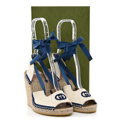 Gucci Canvas GG Ankle Wrap Platform Espadrille Wedges 37 Mystic White Royale Blue 12 of 12