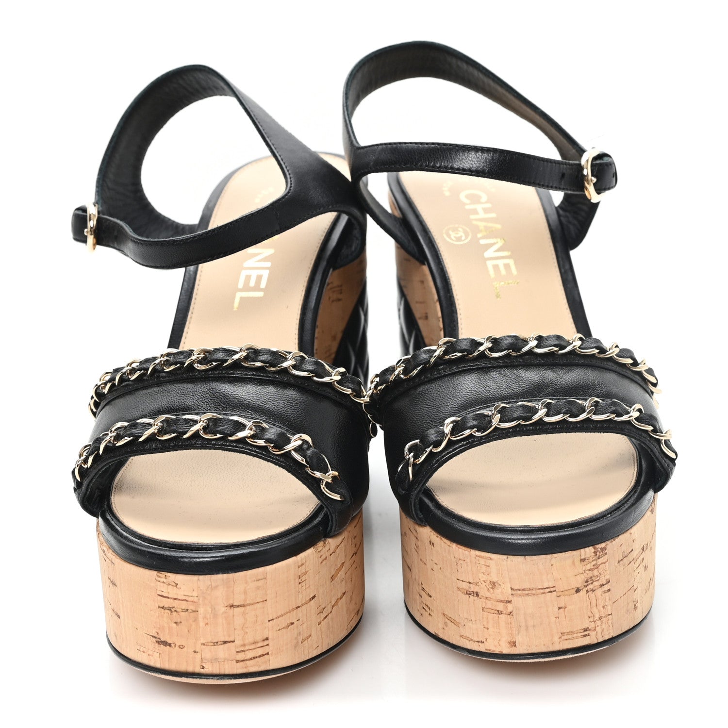 Chanel Lambskin Quilted Chain Cork Wedge Sandals Black 36 Black 3 of 10