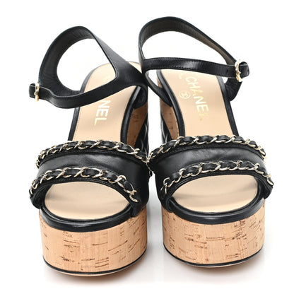 Chanel Lambskin Quilted Chain Cork Wedge Sandals Black 36 Black 3 of 10