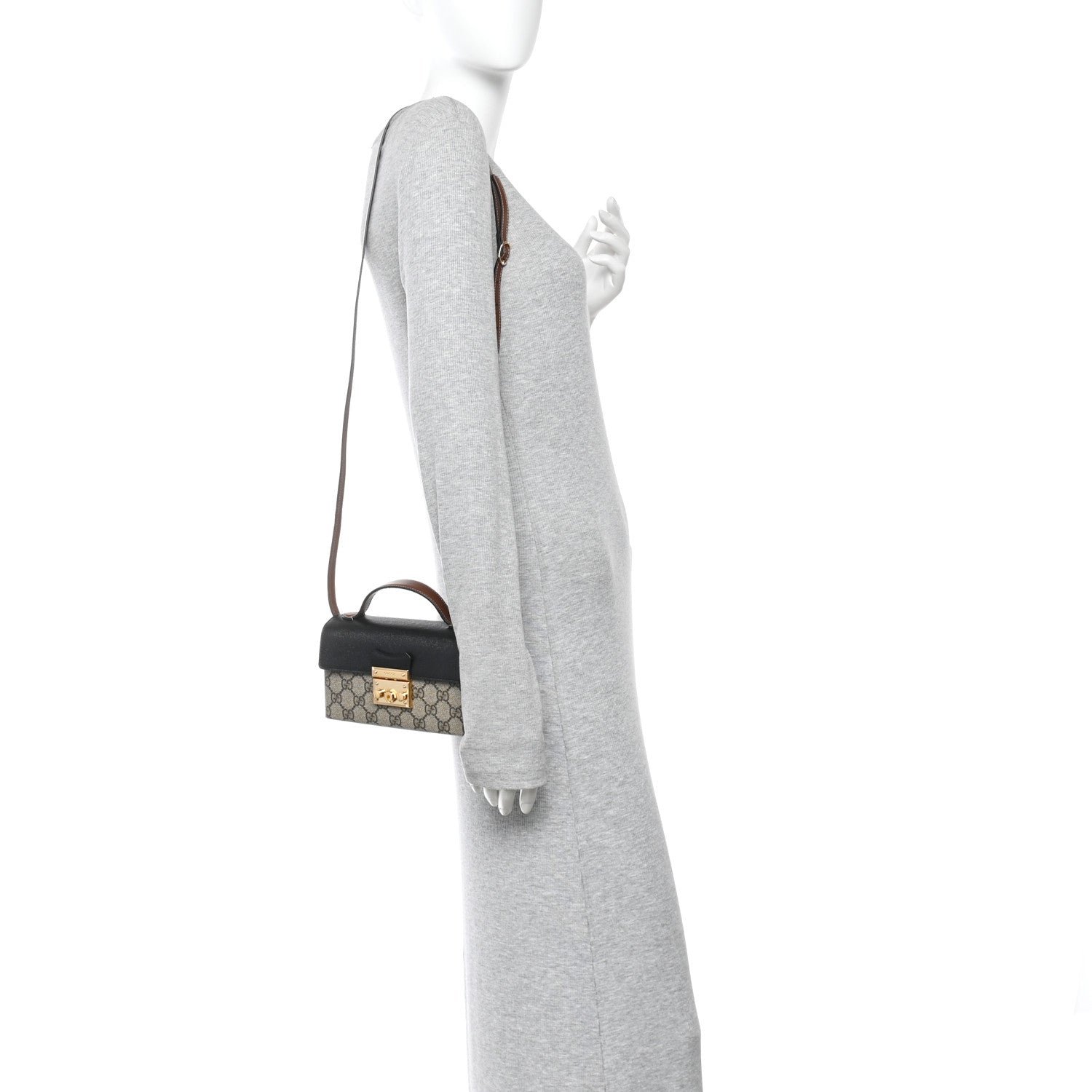 Gucci GG Supreme Monogram Calfskin Mini Padlock Top Handle Shoulder Bag Beige Black Cuir 2 of 11
