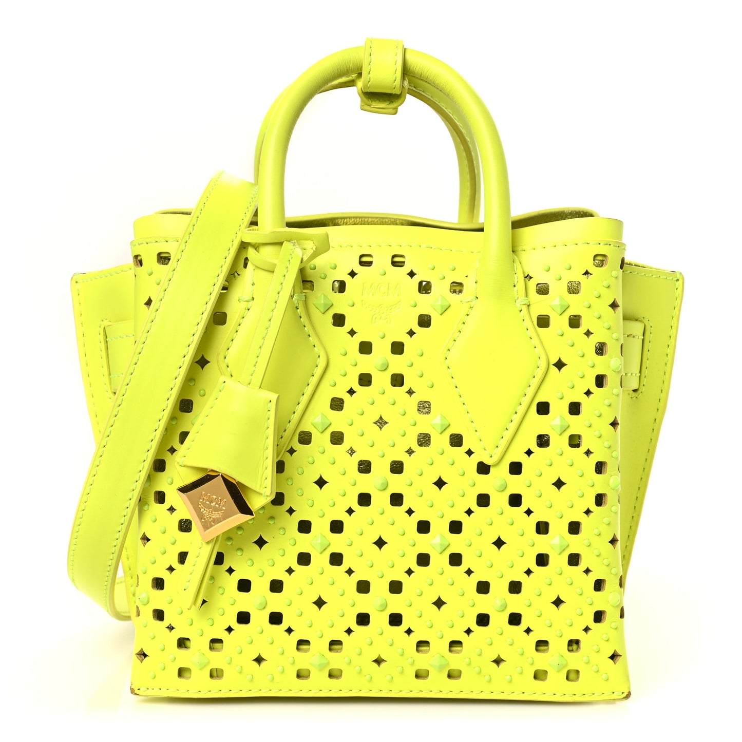 Perforated Calfskin Studded Mini Milla Tote Neon Yellow