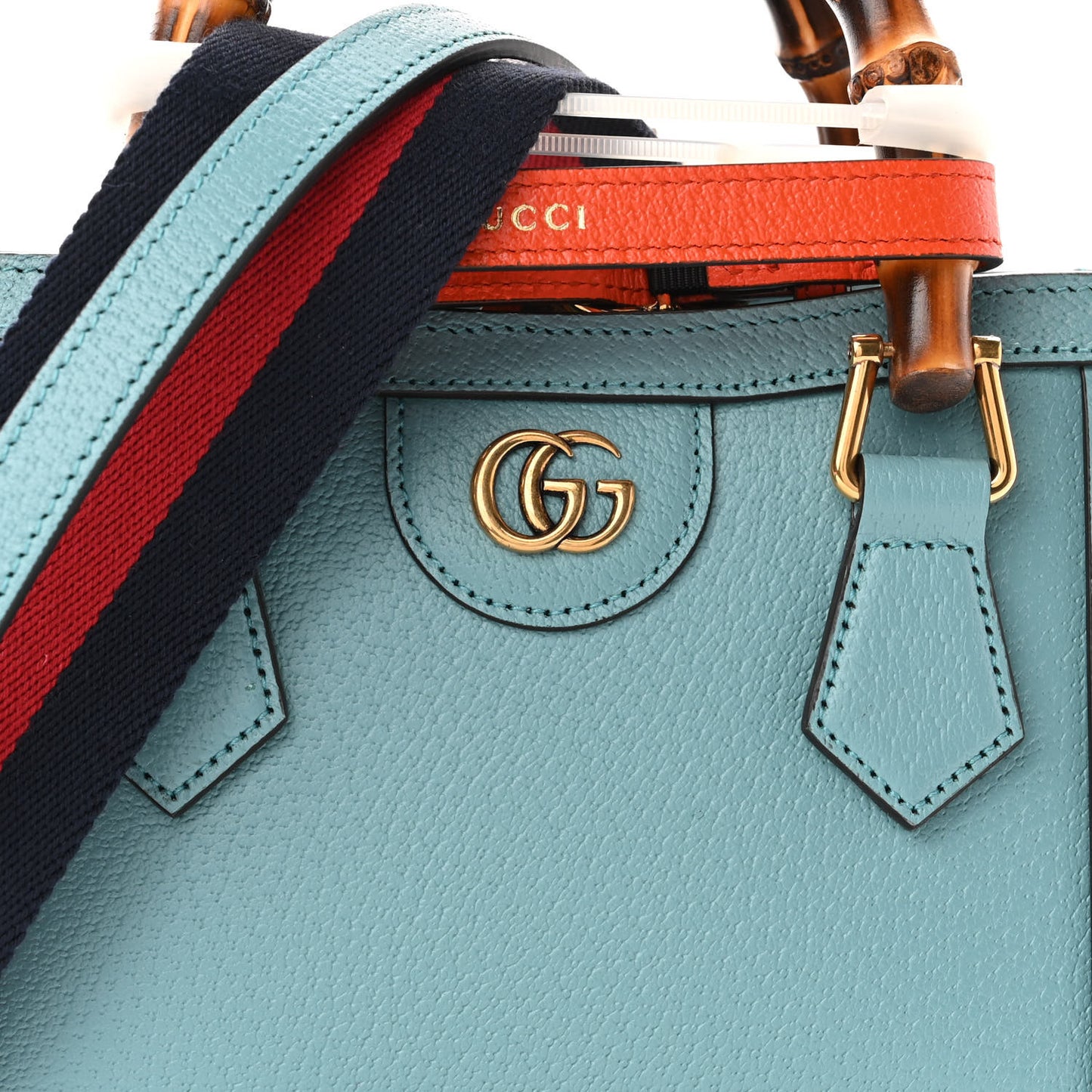 Textured Dollar Calfskin Web Mini Diana Tote Bag Dusty Azure Deep Orange