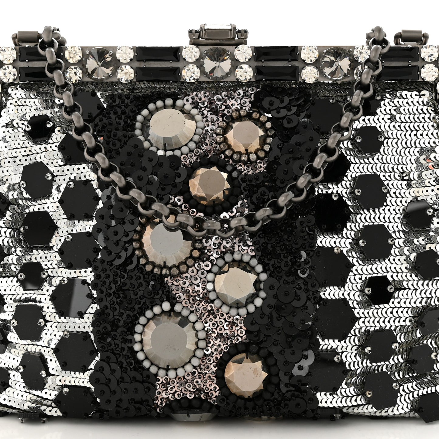 Satin Sequin Crystal Embellished Vanda Circles Chain Clutch Black