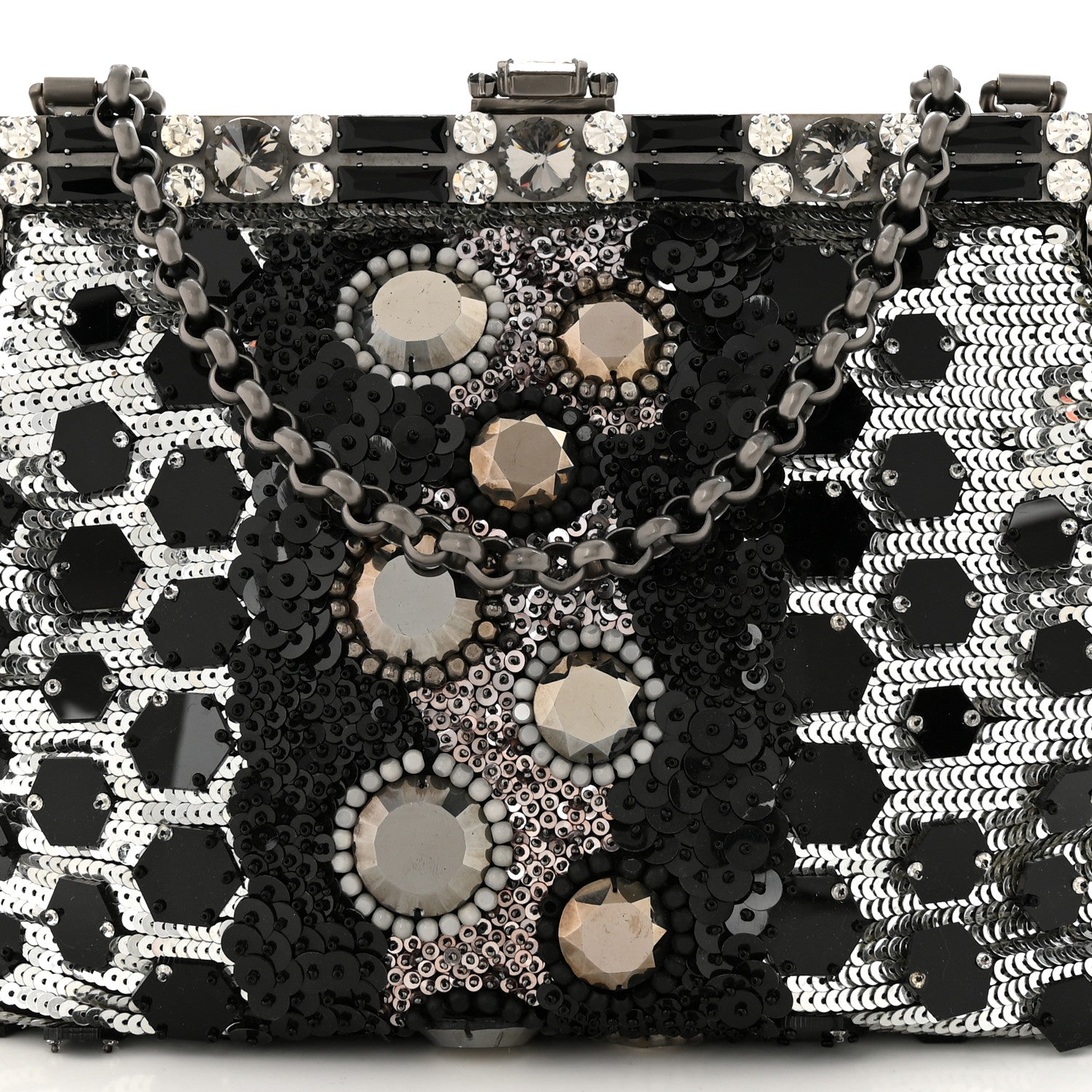 Dolce & Gabbana Satin Sequin Crystal Embellished Vanda Circles Chain Clutch Black 7 of 11