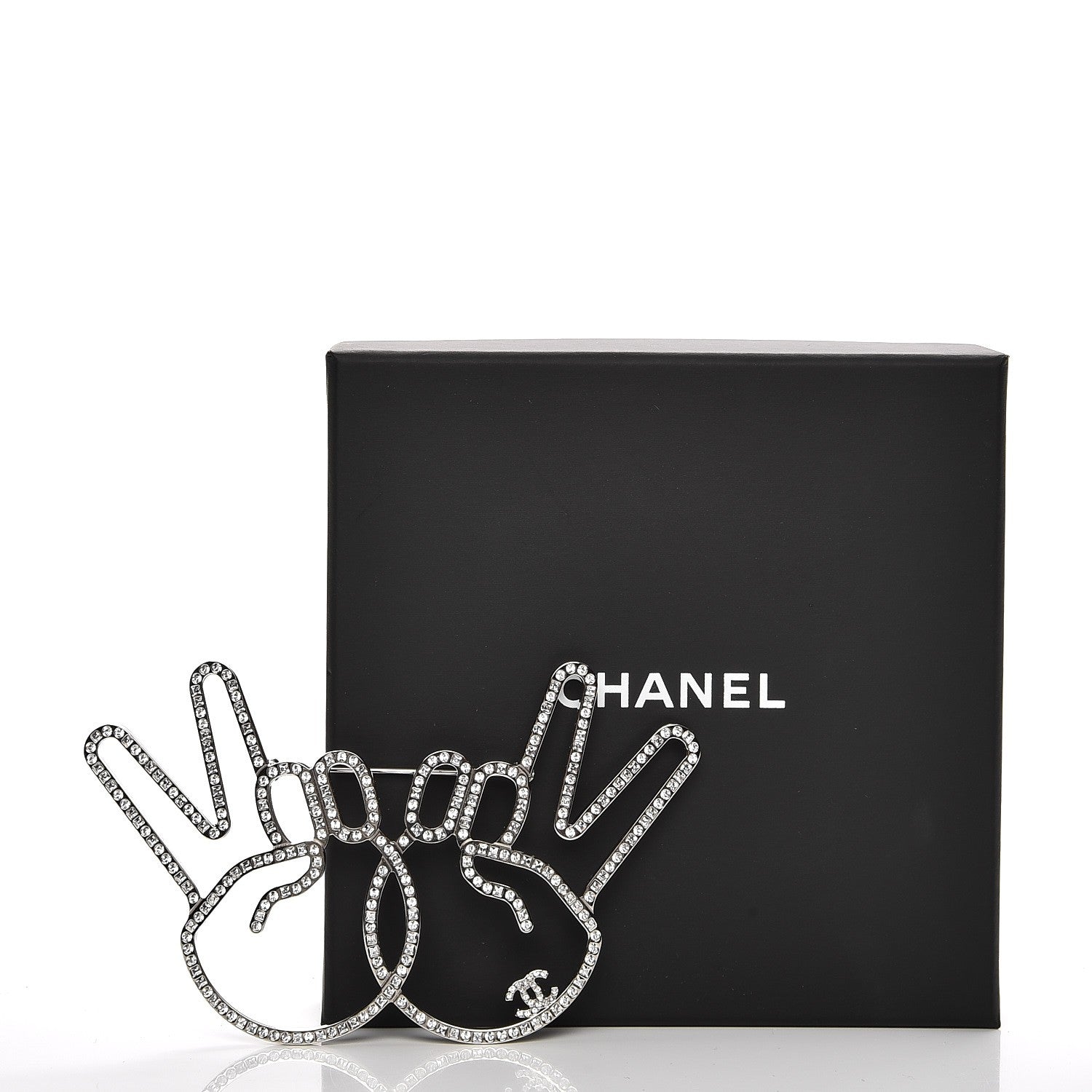 Chanel Strass Crystal Peace Sign Emoji Brooch Silver 5 of 5