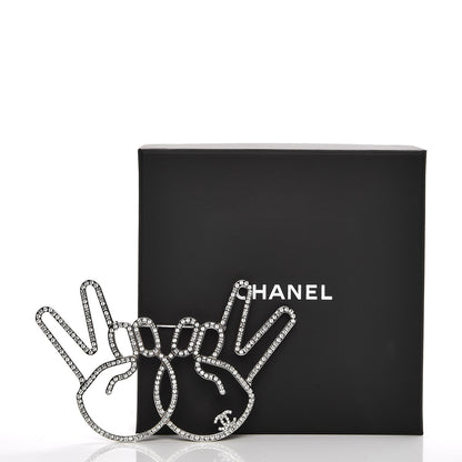 Chanel Strass Crystal Peace Sign Emoji Brooch Silver 5 of 5