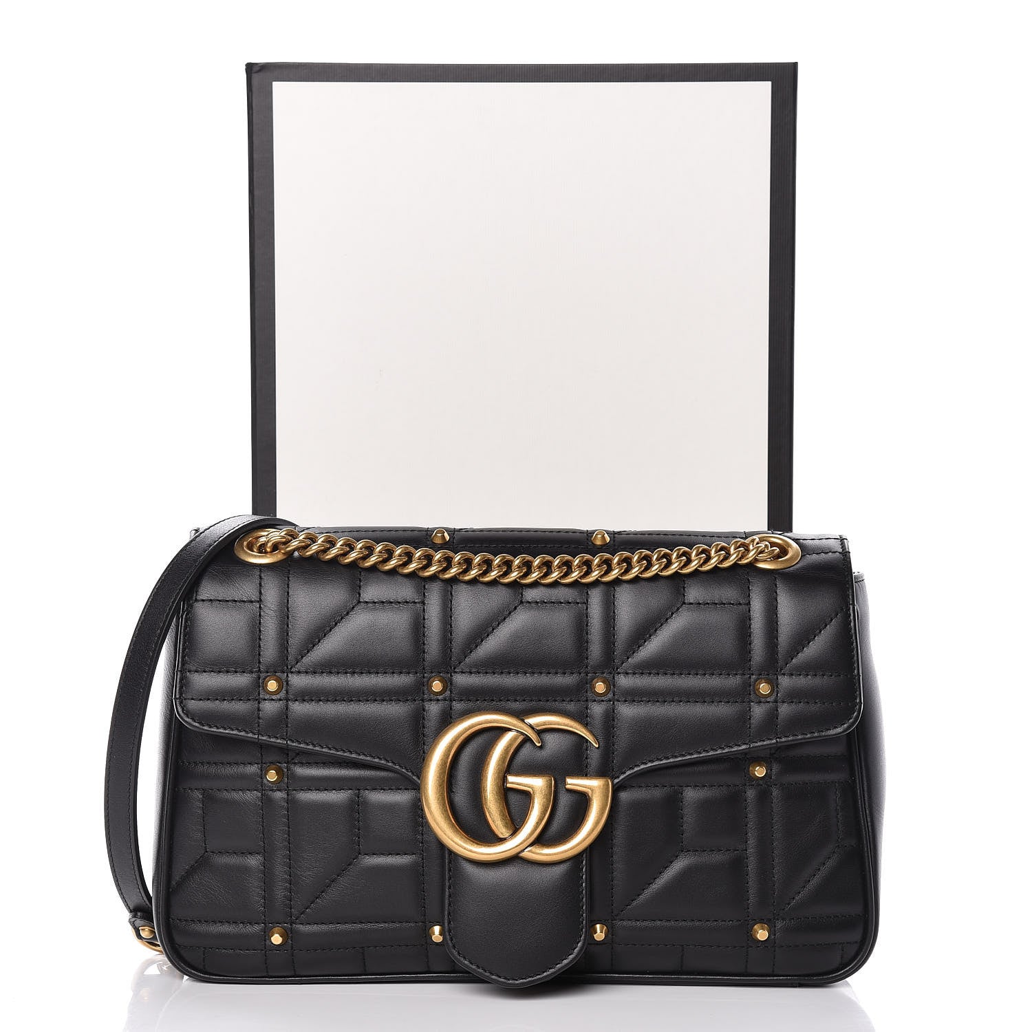 Gucci Calfskin Matelasse Studded Medium GG Marmont Shoulder Bag Black 10 of 10