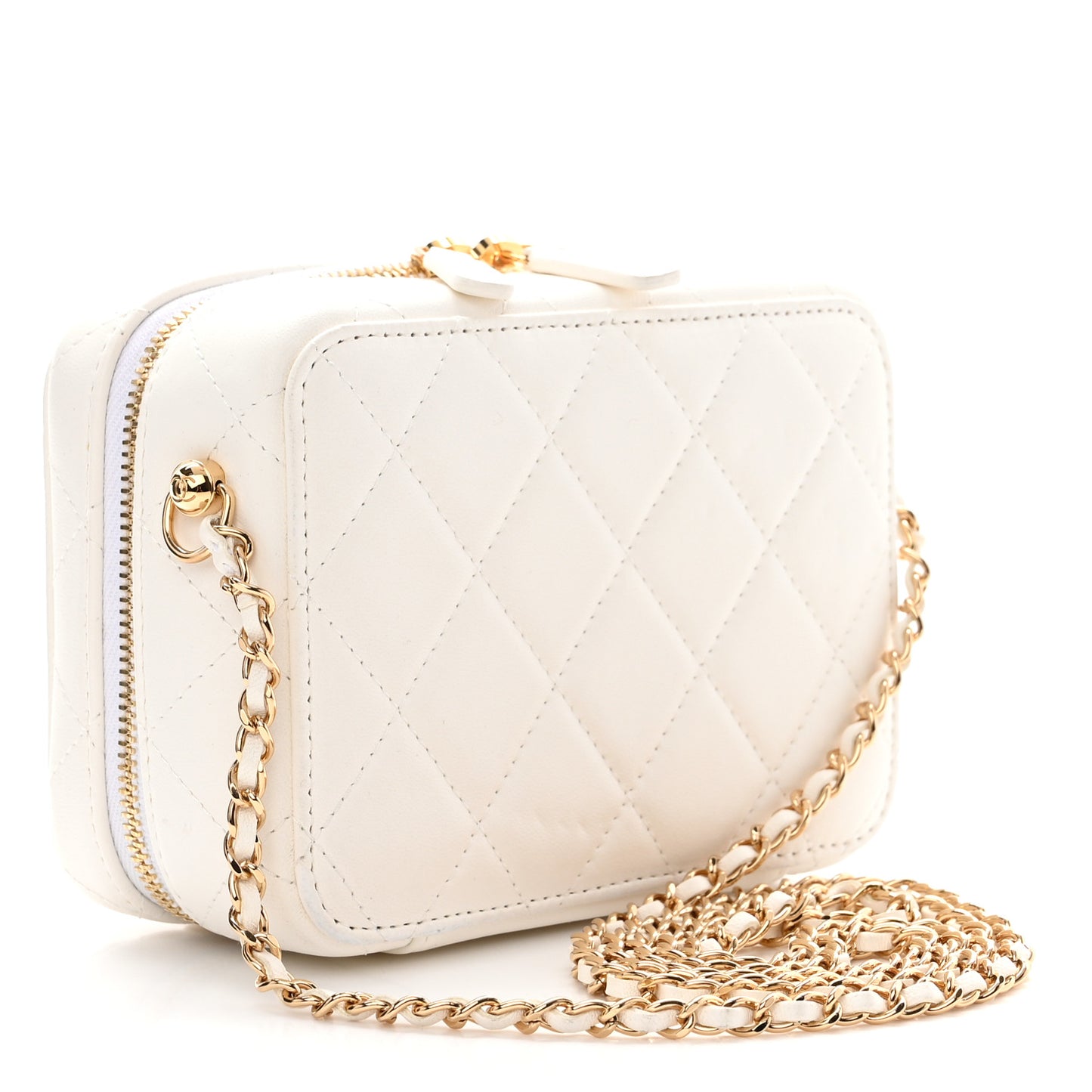 Lambskin Metal Quilted Mini Vanity Case With Chain White Gold